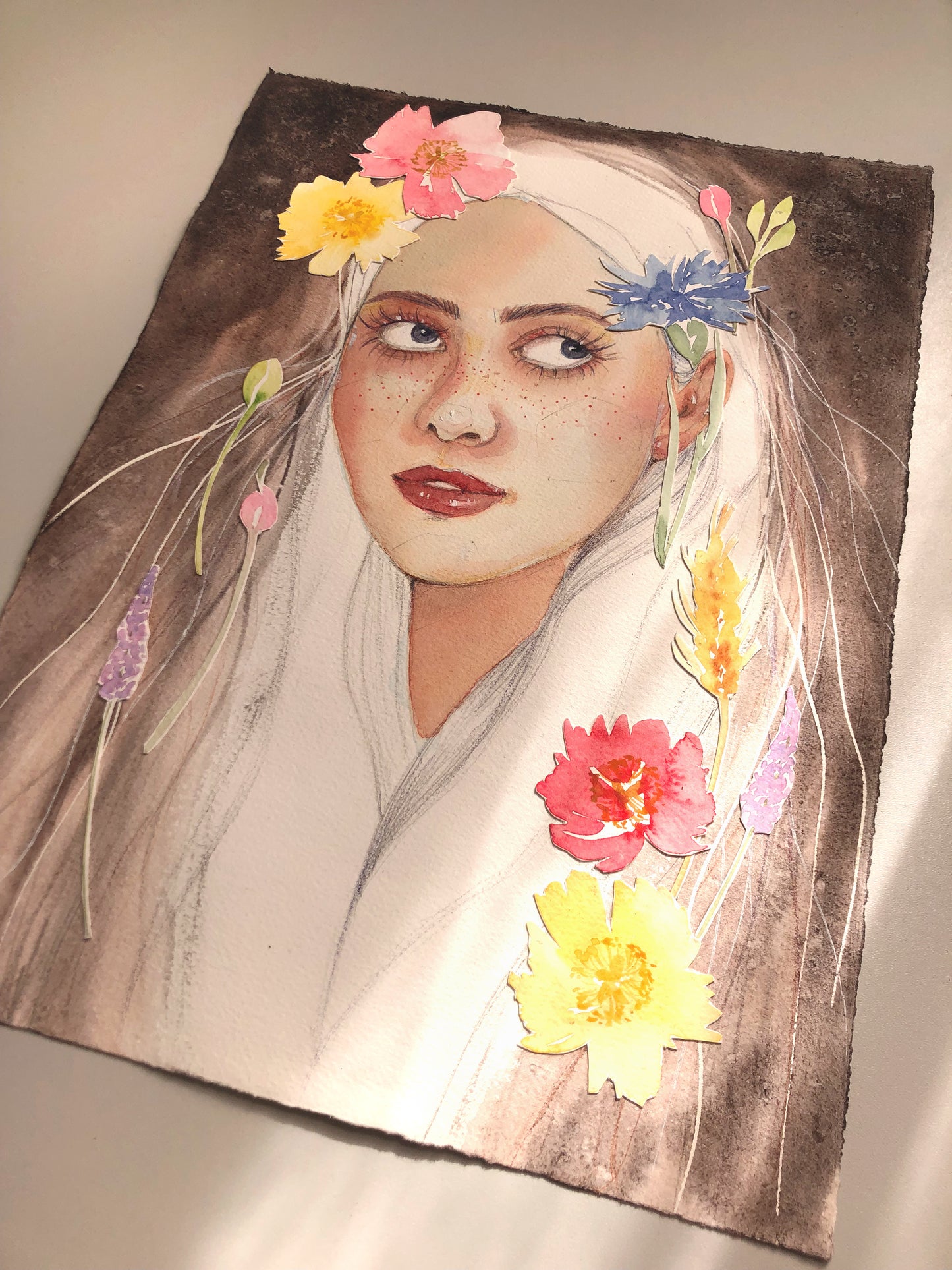 #005 Fashion poster with Girl portrait on brown background and summer flowers application