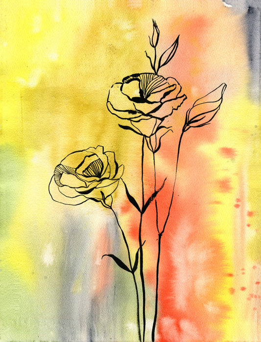 #106 Graphic ink flowers on colored watercolor background with glitter.
