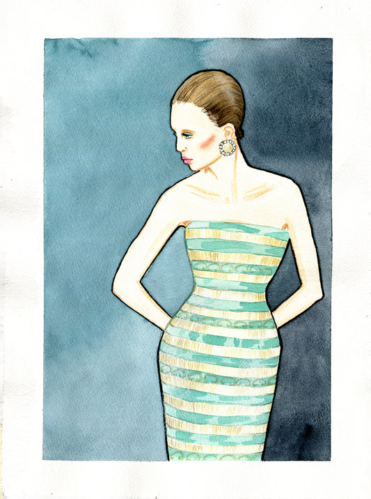 #022 Fashion watercolor poster with portrait of a woman in a striped dress