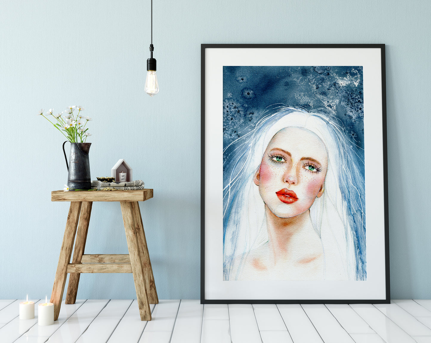 #502 Fashion digital poster. Girl Illustration on blue background