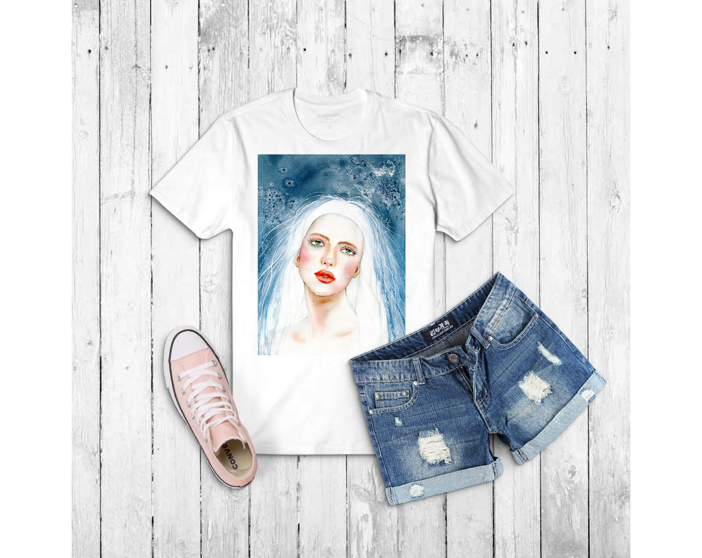 #502 Fashion digital poster. Girl Illustration on blue background