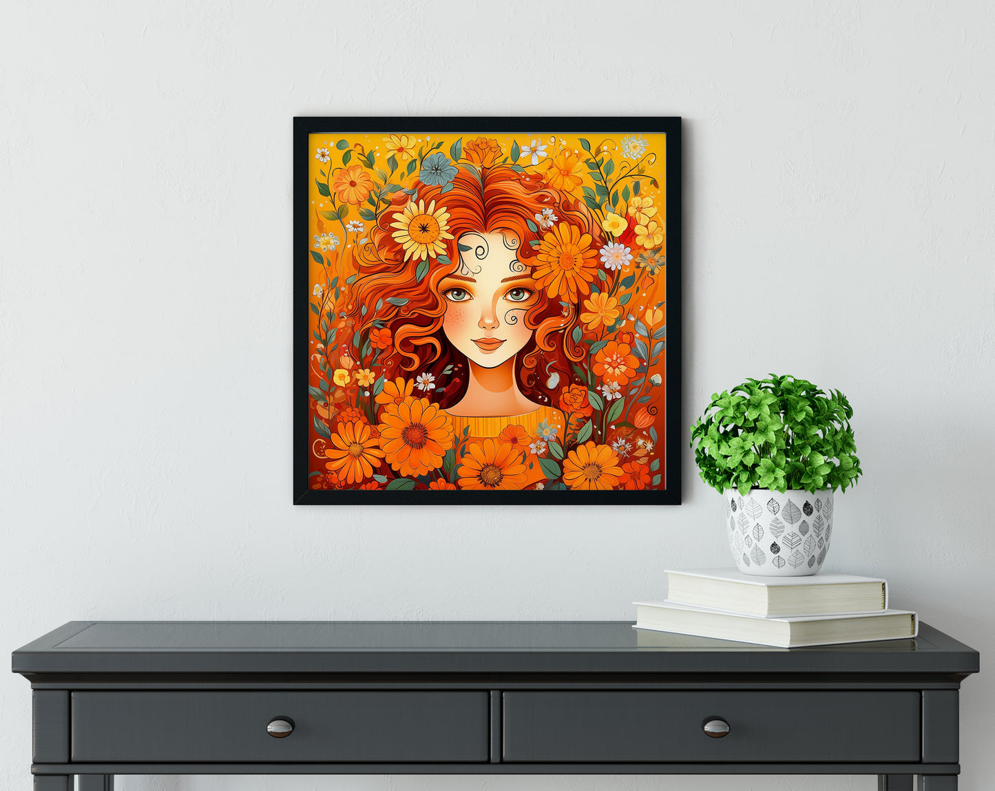 #506 Beautiful girl with red hair and yellow-orange flowers in yellow honey background.