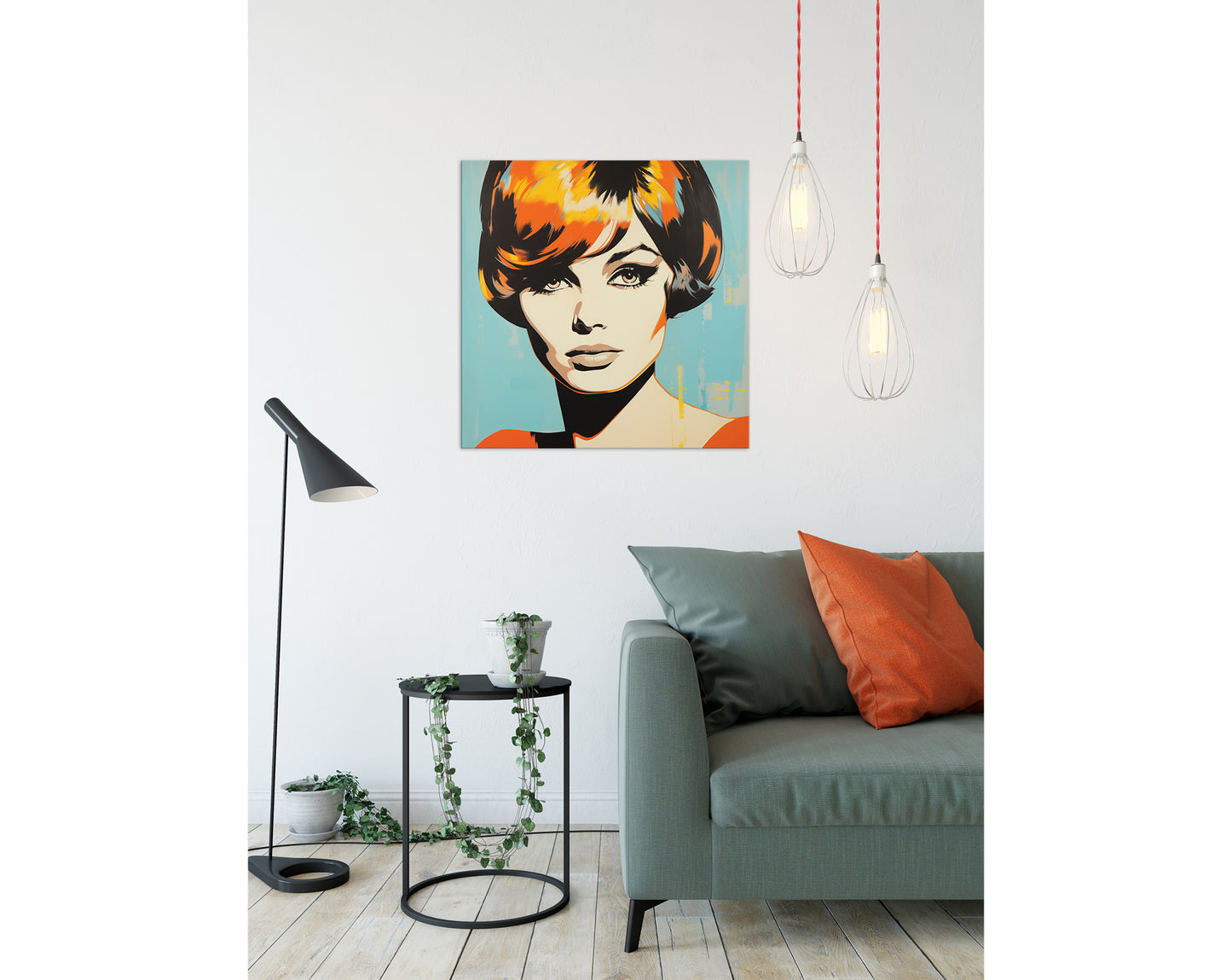 #507 Beautiful face of the woman in retro style. Turquoise, orange and yellow colors.