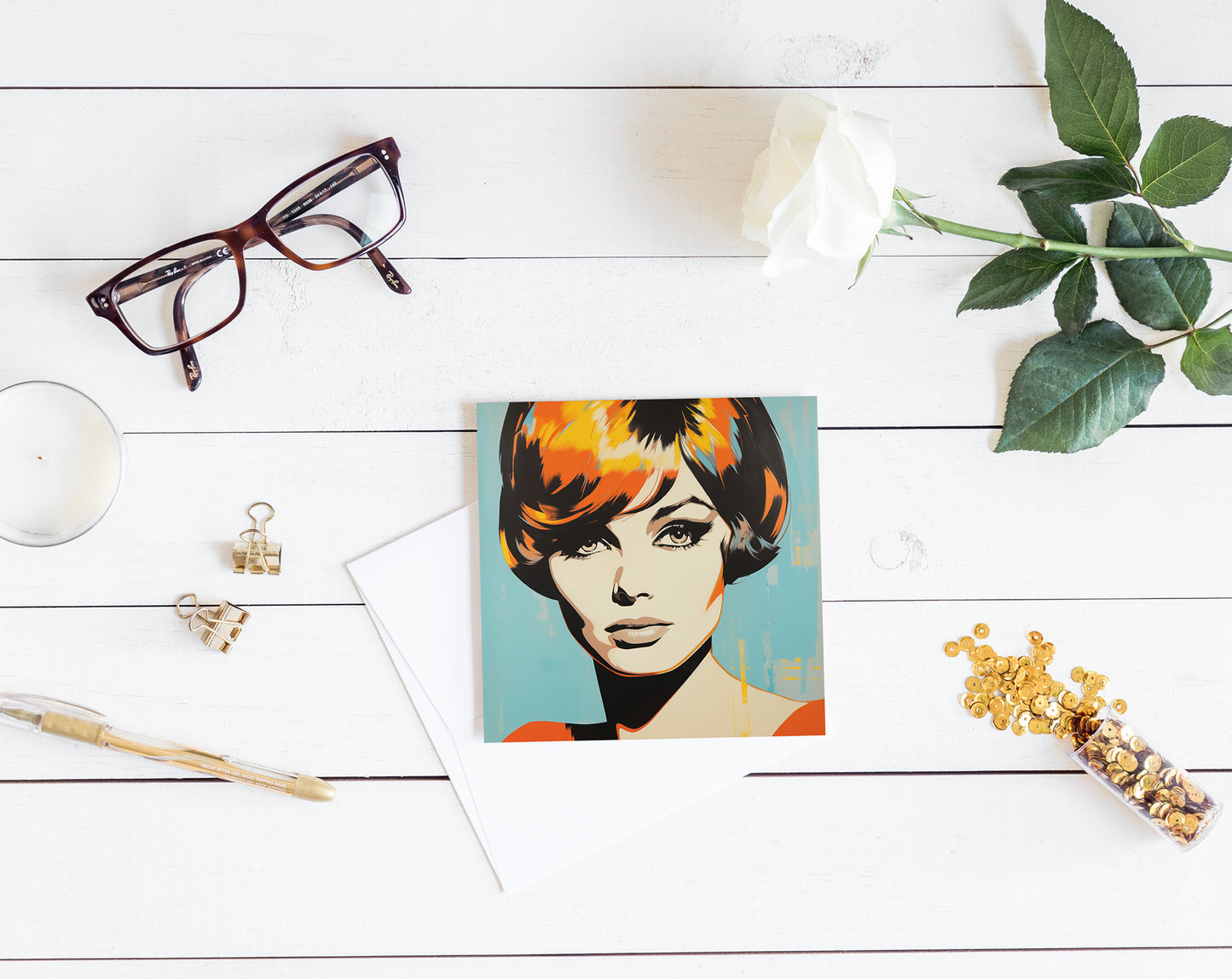 #507 Beautiful face of the woman in retro style. Turquoise, orange and yellow colors.