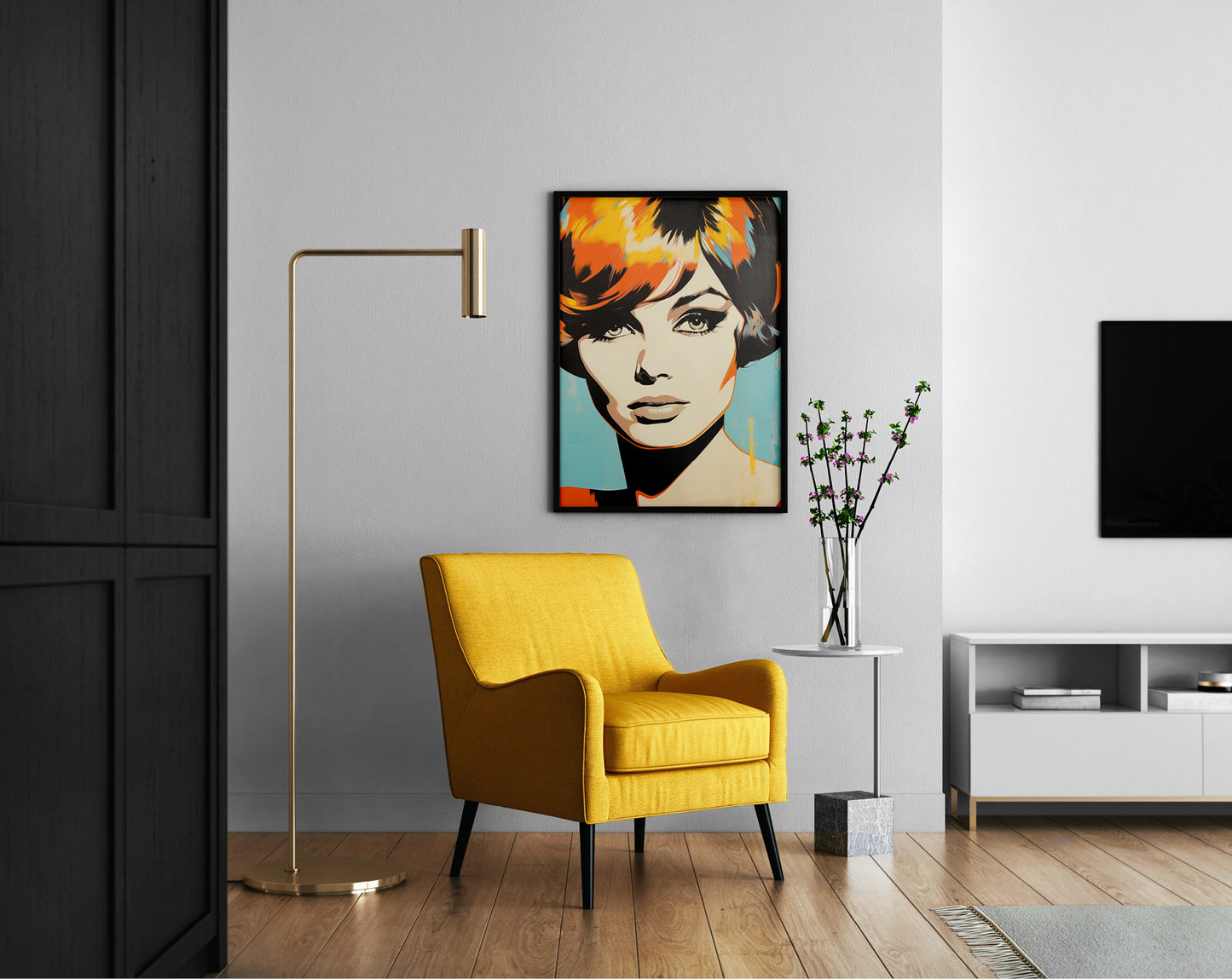 #507 Beautiful face of the woman in retro style. Turquoise, orange and yellow colors.