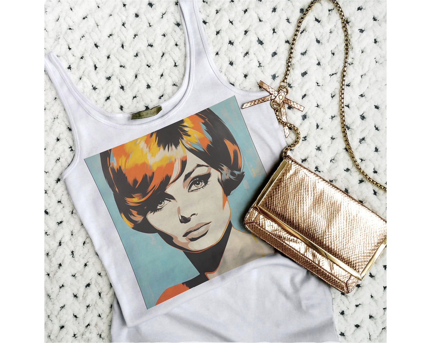 #507 Beautiful face of the woman in retro style. Turquoise, orange and yellow colors.