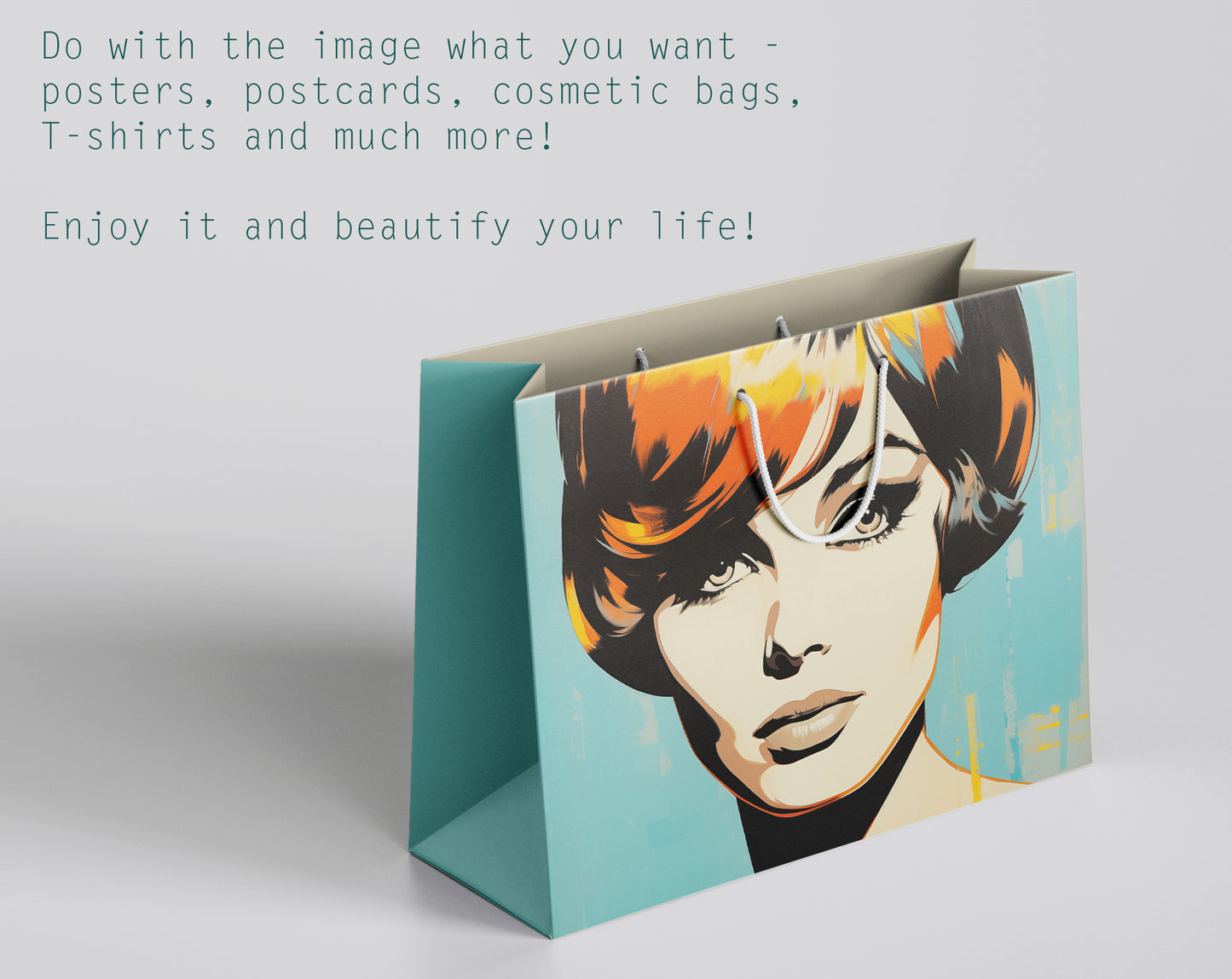 #507 Beautiful face of the woman in retro style. Turquoise, orange and yellow colors.