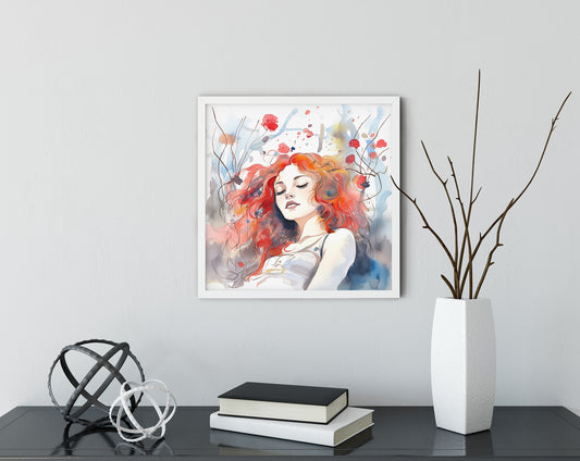 #509 Portrait of red-haired beautiful woman with flowers on background. Blue-red colors.