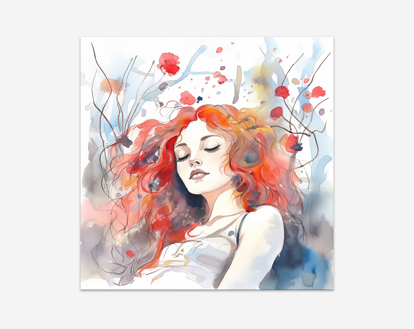 #509 Portrait of red-haired beautiful woman with flowers on background. Blue-red colors.