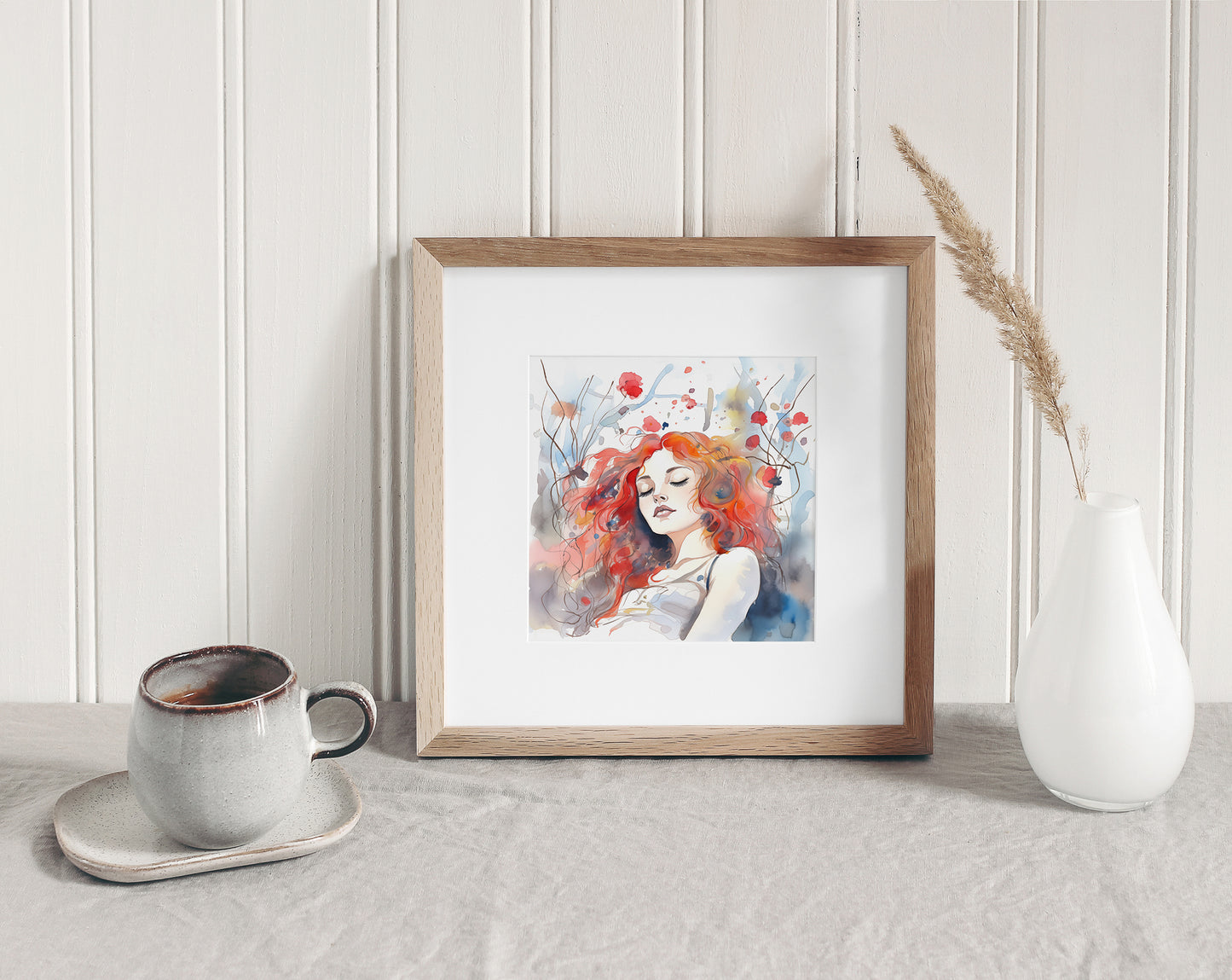 #509 Portrait of red-haired beautiful woman with flowers on background. Blue-red colors.