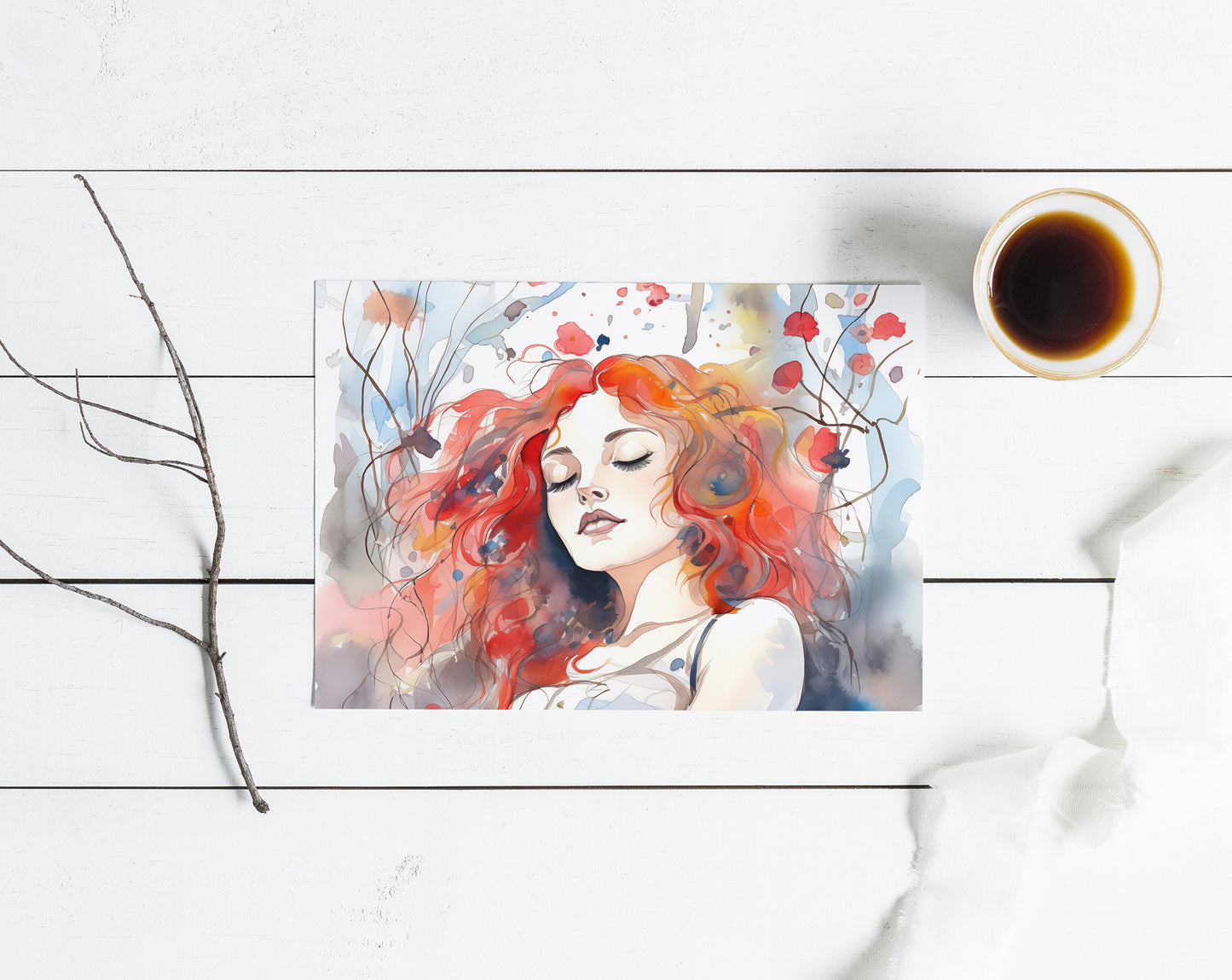 #509 Portrait of red-haired beautiful woman with flowers on background. Blue-red colors.