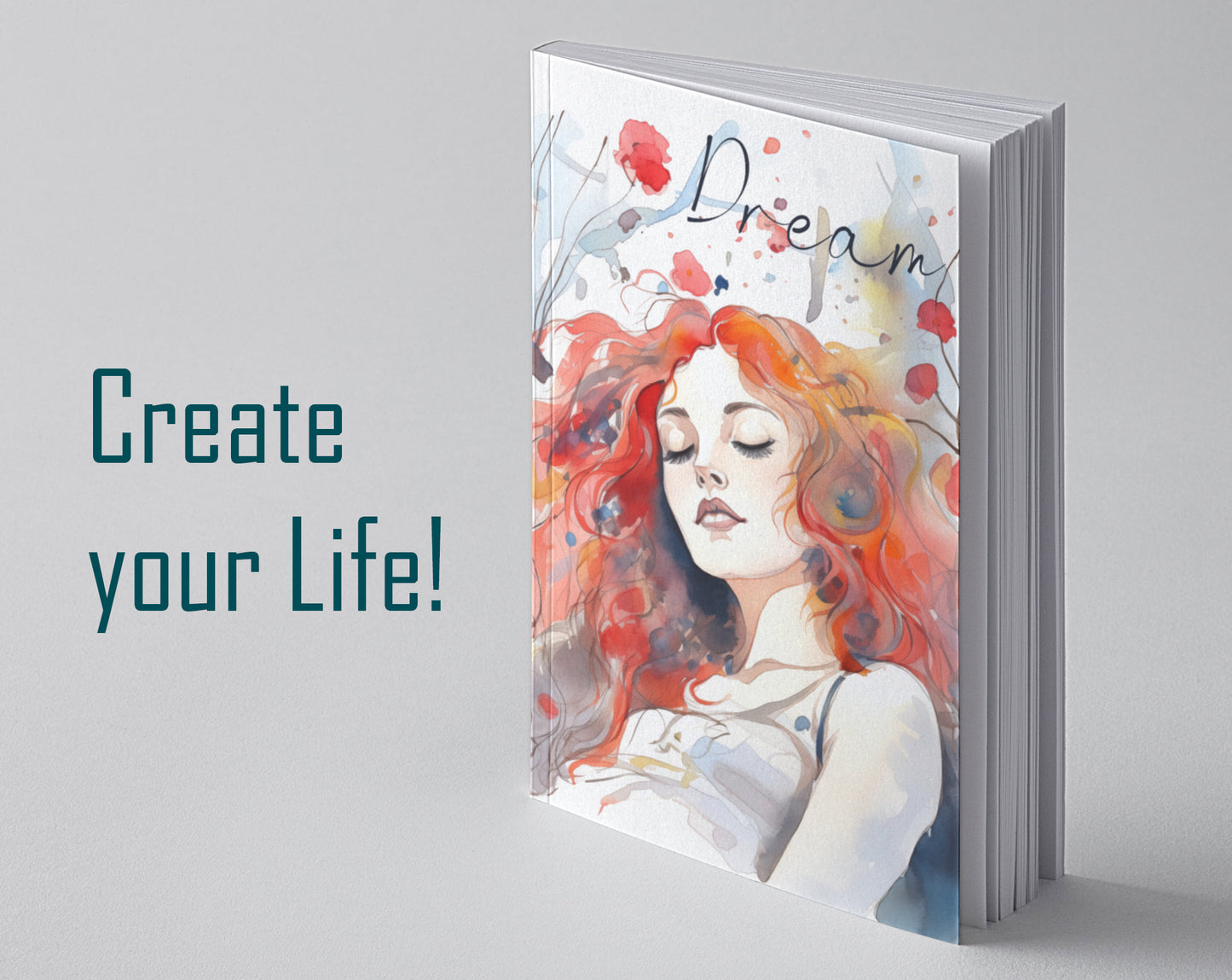 #509 Portrait of red-haired beautiful woman with flowers on background. Blue-red colors.