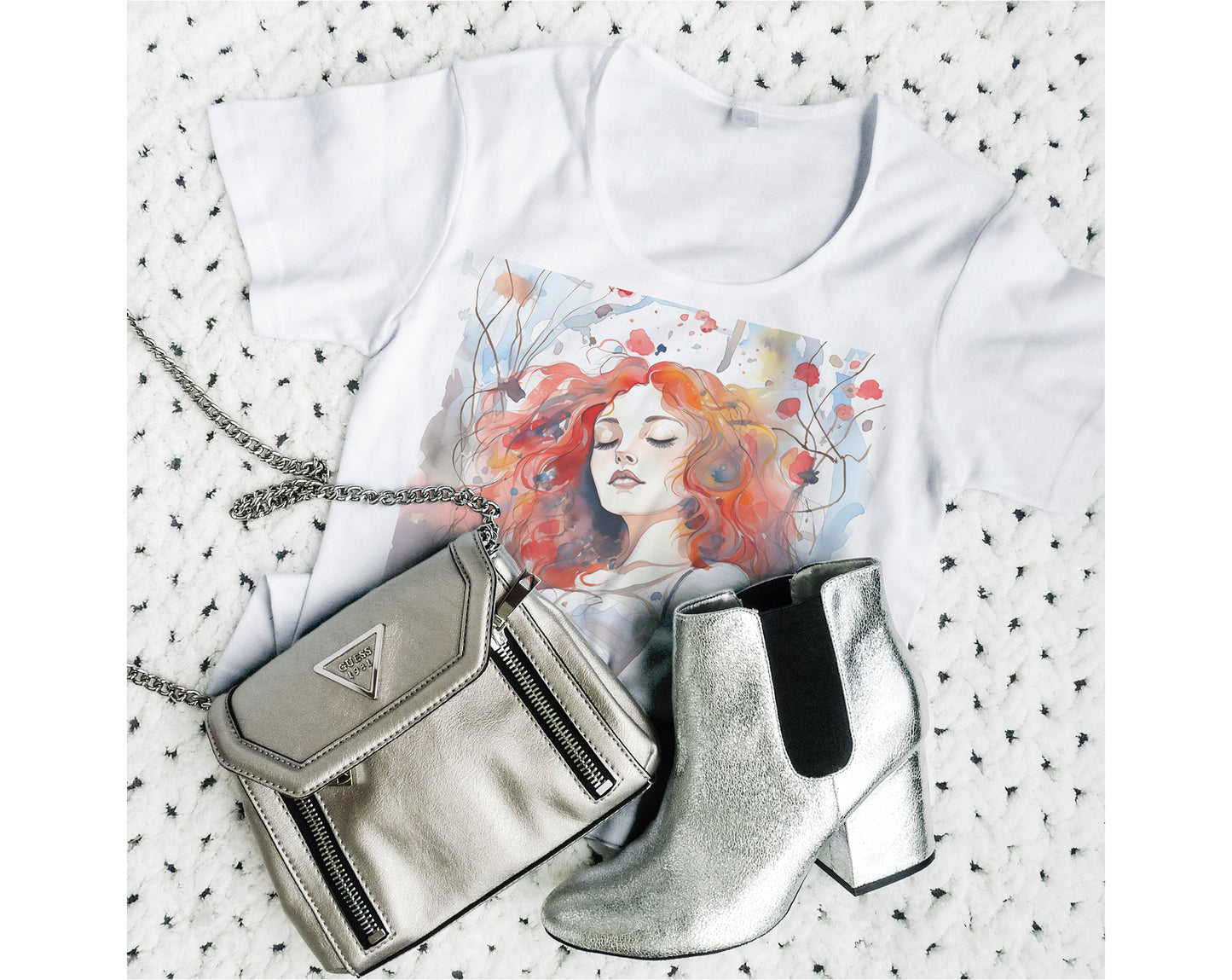 #509 Portrait of red-haired beautiful woman with flowers on background. Blue-red colors.