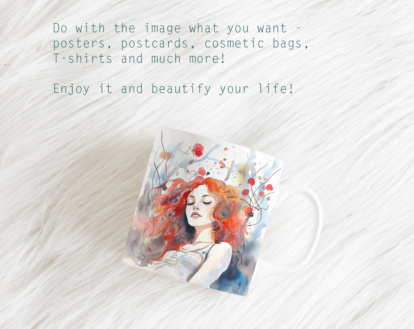#509 Portrait of red-haired beautiful woman with flowers on background. Blue-red colors.