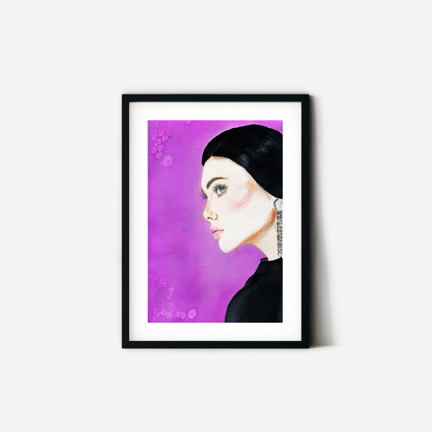 #023 Woman portrait on dark pink background and glittery earrings