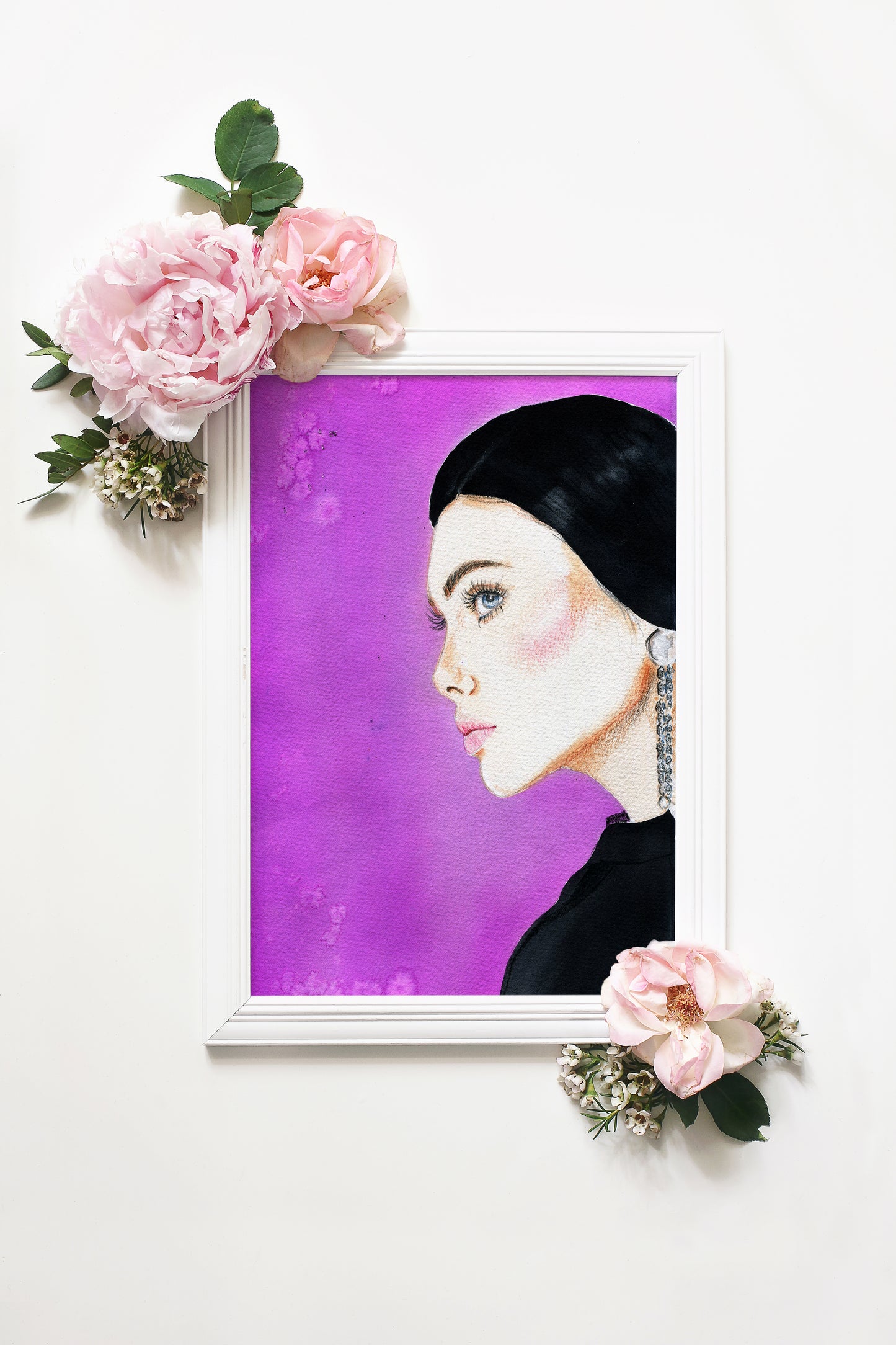 #023 Woman portrait on dark pink background and glittery earrings