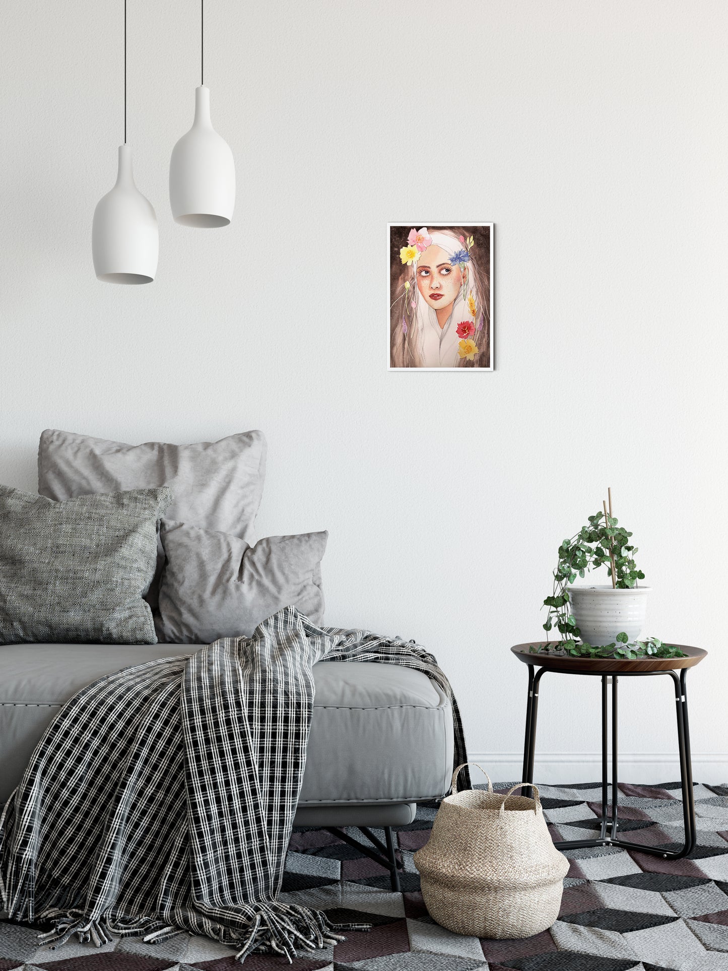 #005 Fashion poster with Girl portrait on brown background and summer flowers application