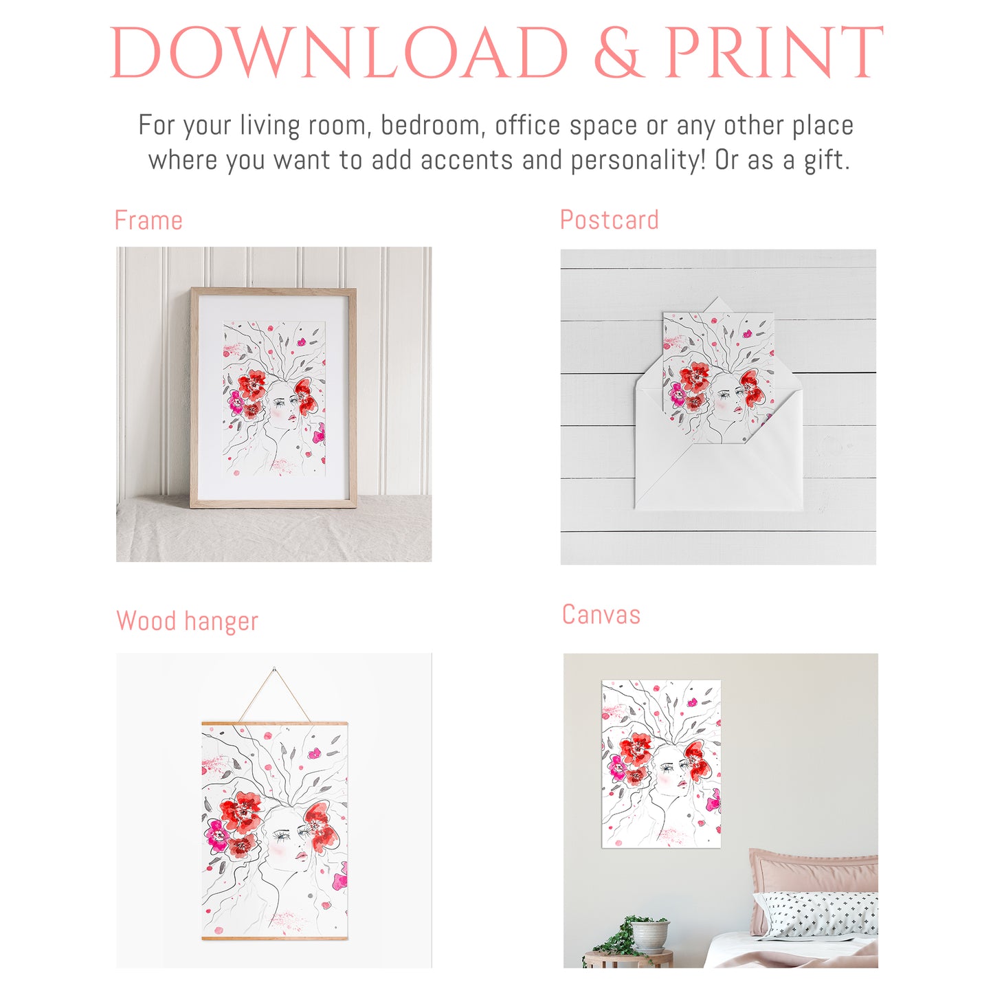 #505 Fashion digital poster. Girl Illustration on turquoise background