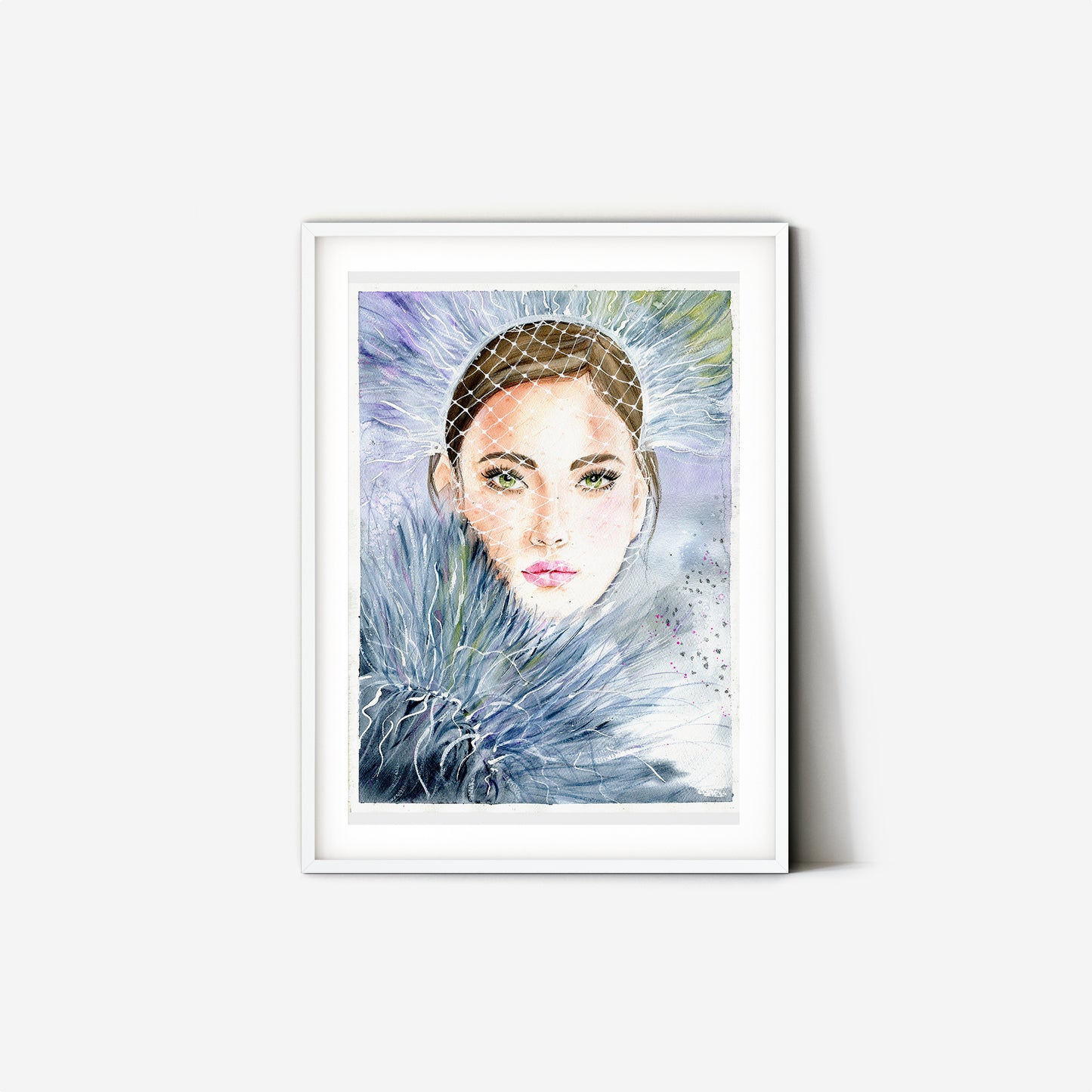 #021 Fashion watercolor poster with woman portrait on blue background and feather with glitter - Winter Girl. Delicate female art.