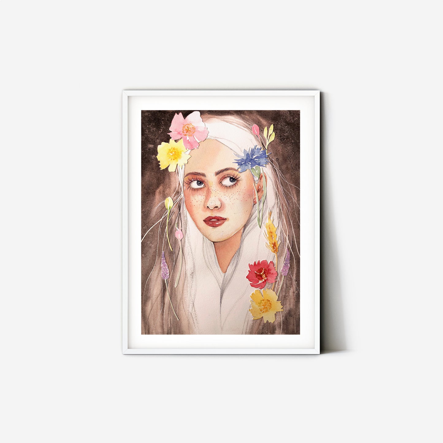 #005 Fashion poster with Girl portrait on brown background and summer flowers application