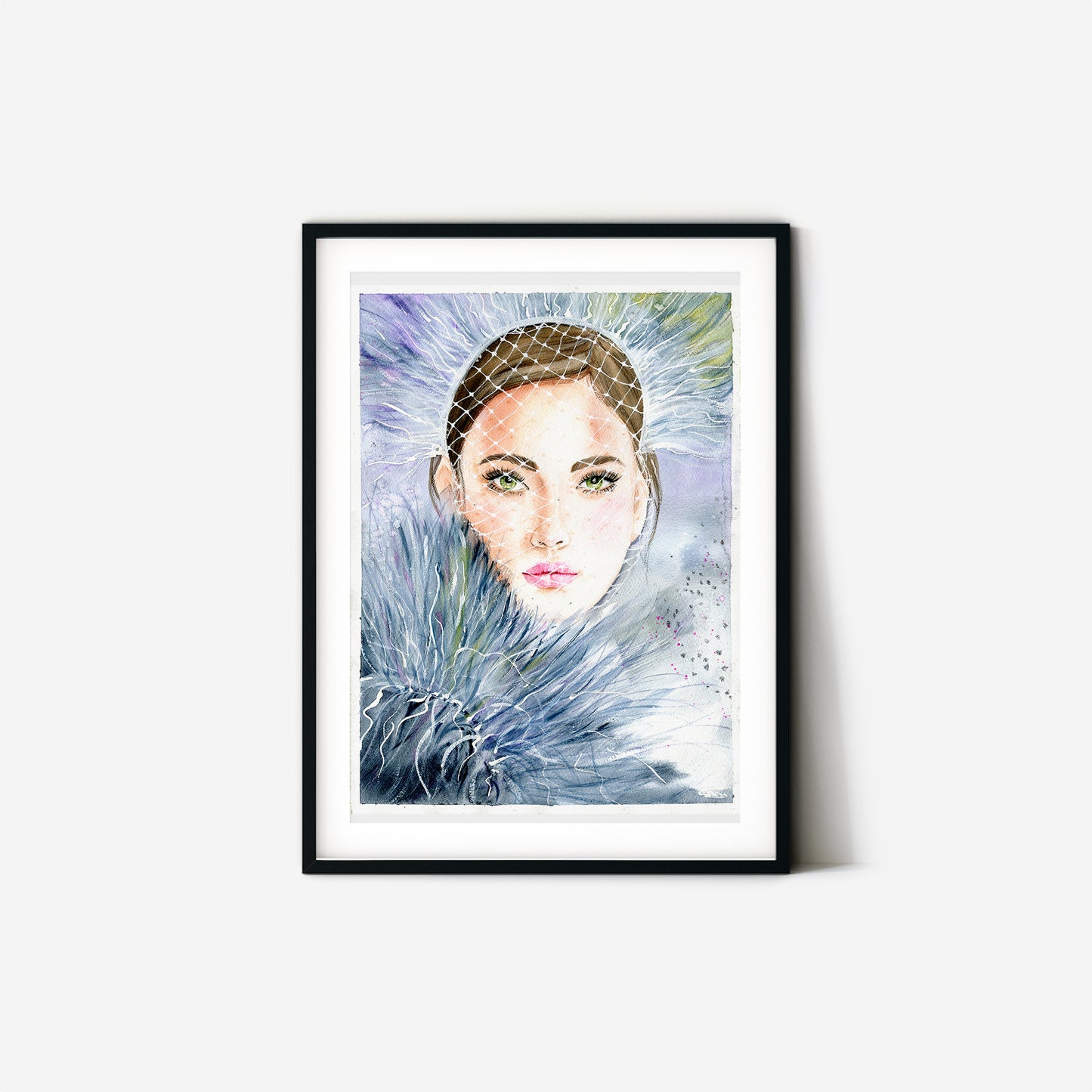 #021 Fashion watercolor poster with woman portrait on blue background and feather with glitter - Winter Girl. Delicate female art.