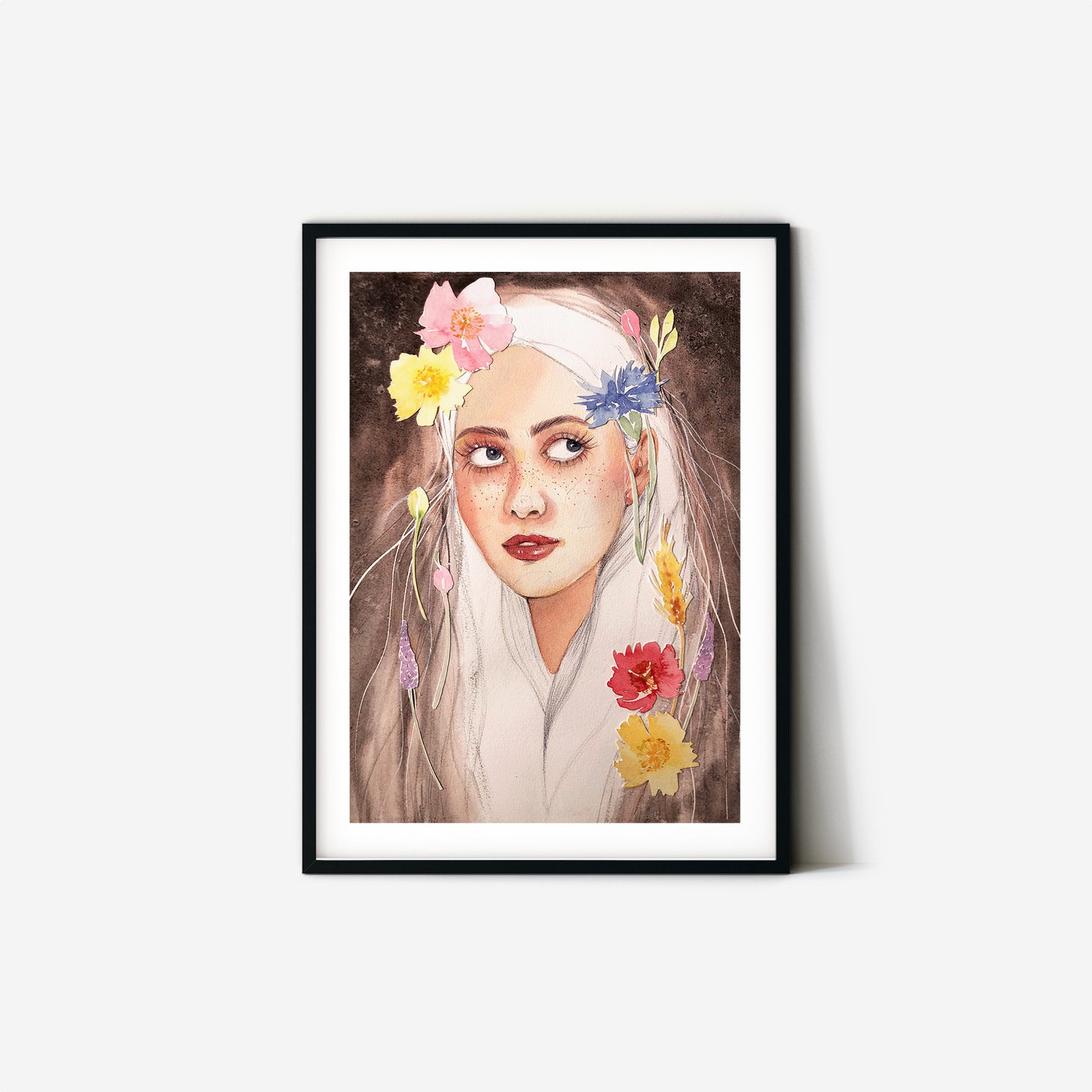 #005 Fashion poster with Girl portrait on brown background and summer flowers application
