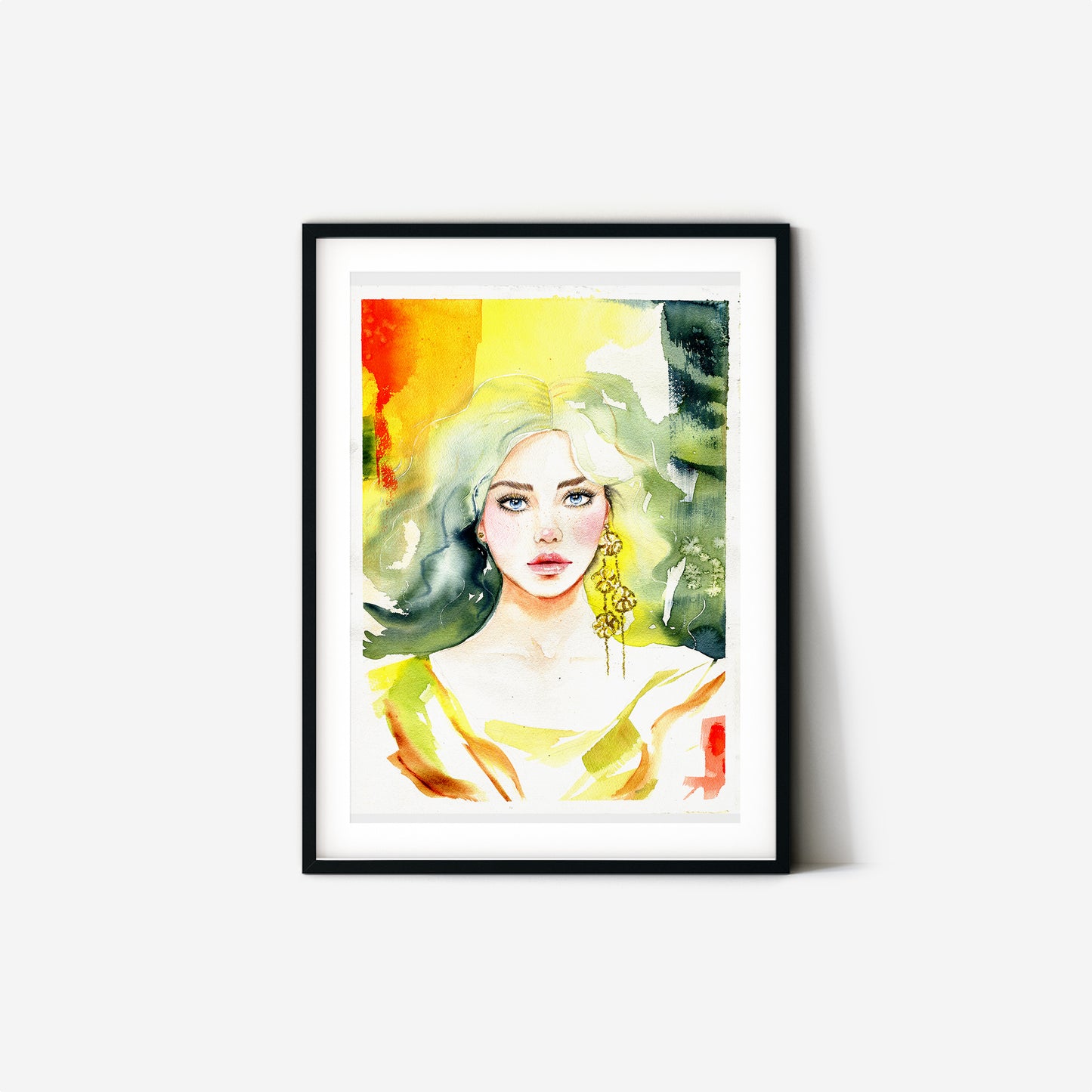 #001a. Poster a4. Yellow-green autumn fashion woman portrait. Modern art print.