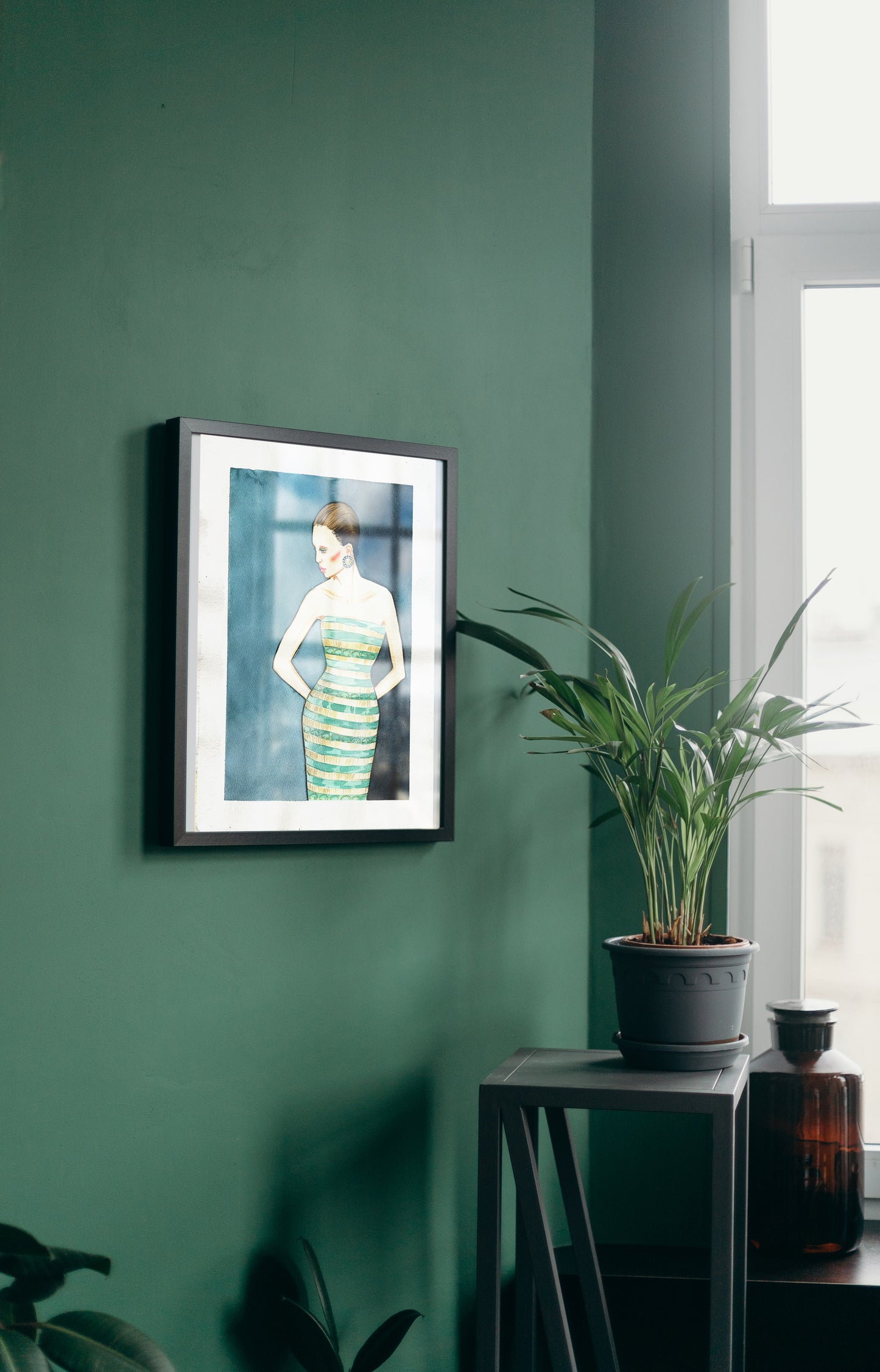 #022 Fashion watercolor poster with portrait of a woman in a striped dress
