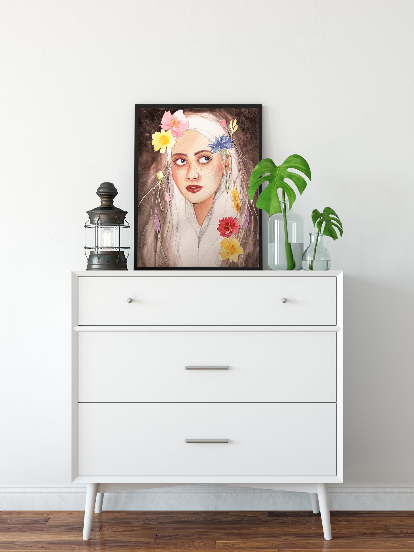 #005 Fashion poster with Girl portrait on brown background and summer flowers application