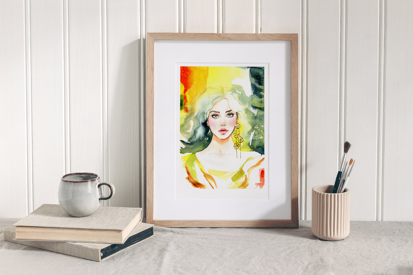 #001a. Poster a4. Yellow-green autumn fashion woman portrait. Modern art print.