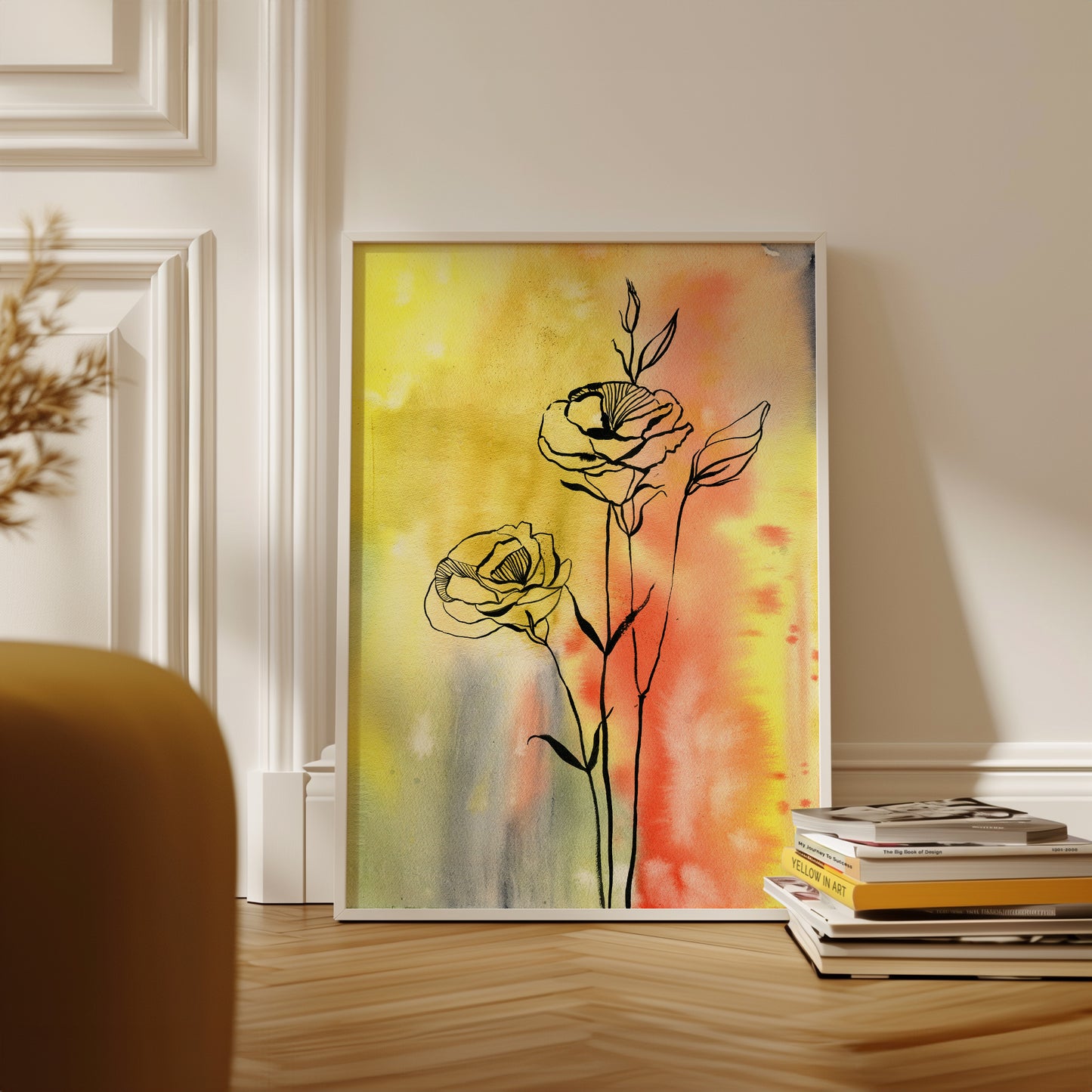 #106 Graphic ink flowers on colored watercolor background with glitter.