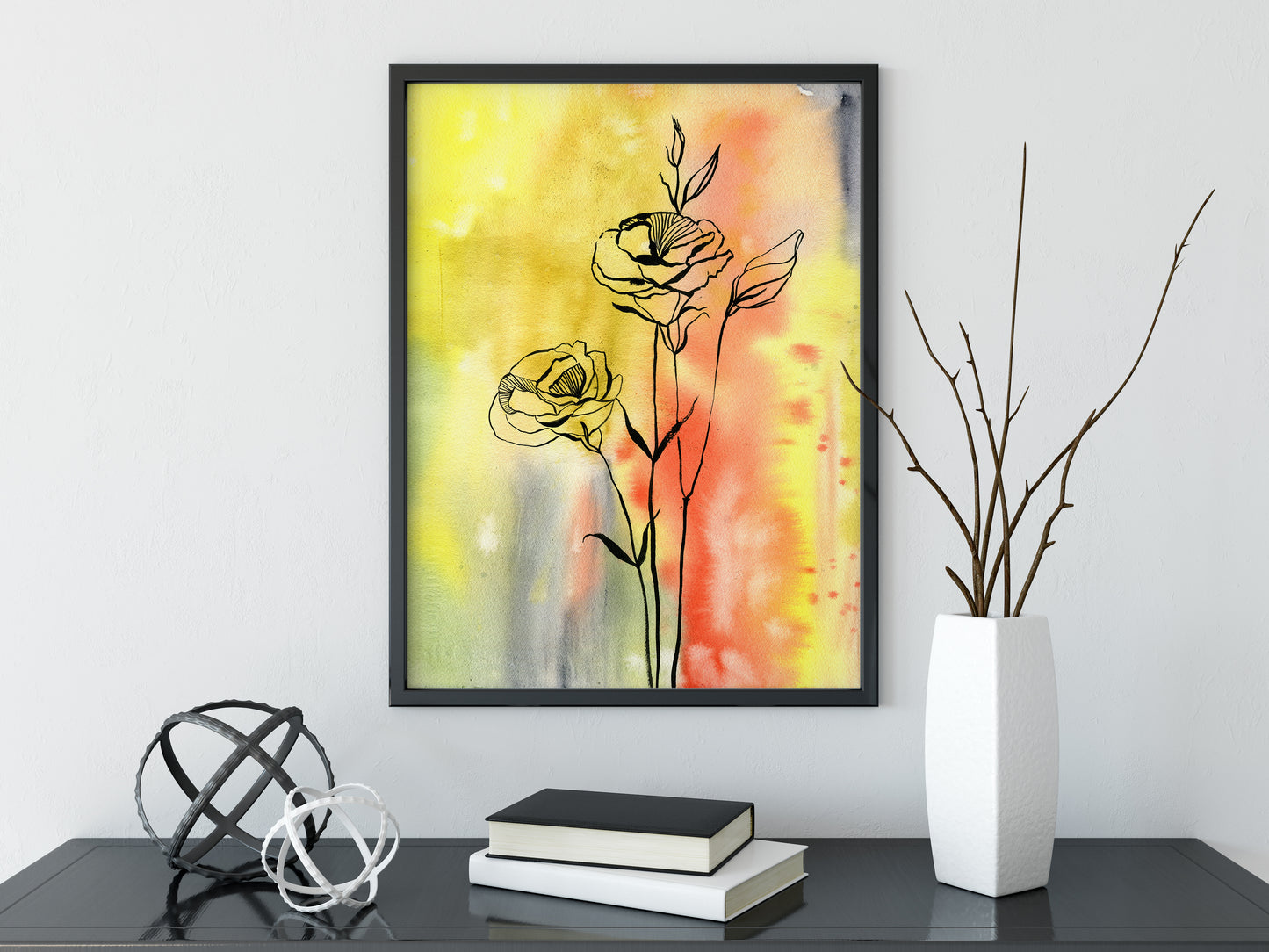 #106 Graphic ink flowers on colored watercolor background with glitter.