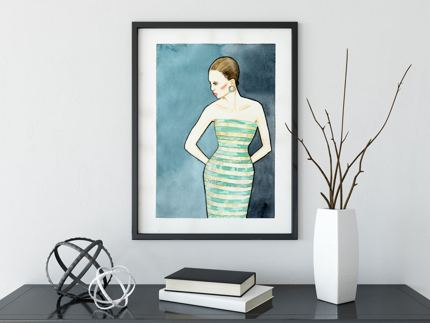 #022 Fashion watercolor poster with portrait of a woman in a striped dress