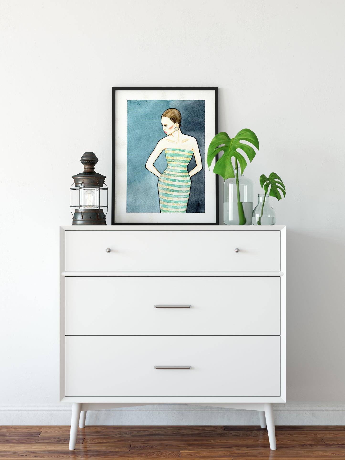 #022 Fashion watercolor poster with portrait of a woman in a striped dress