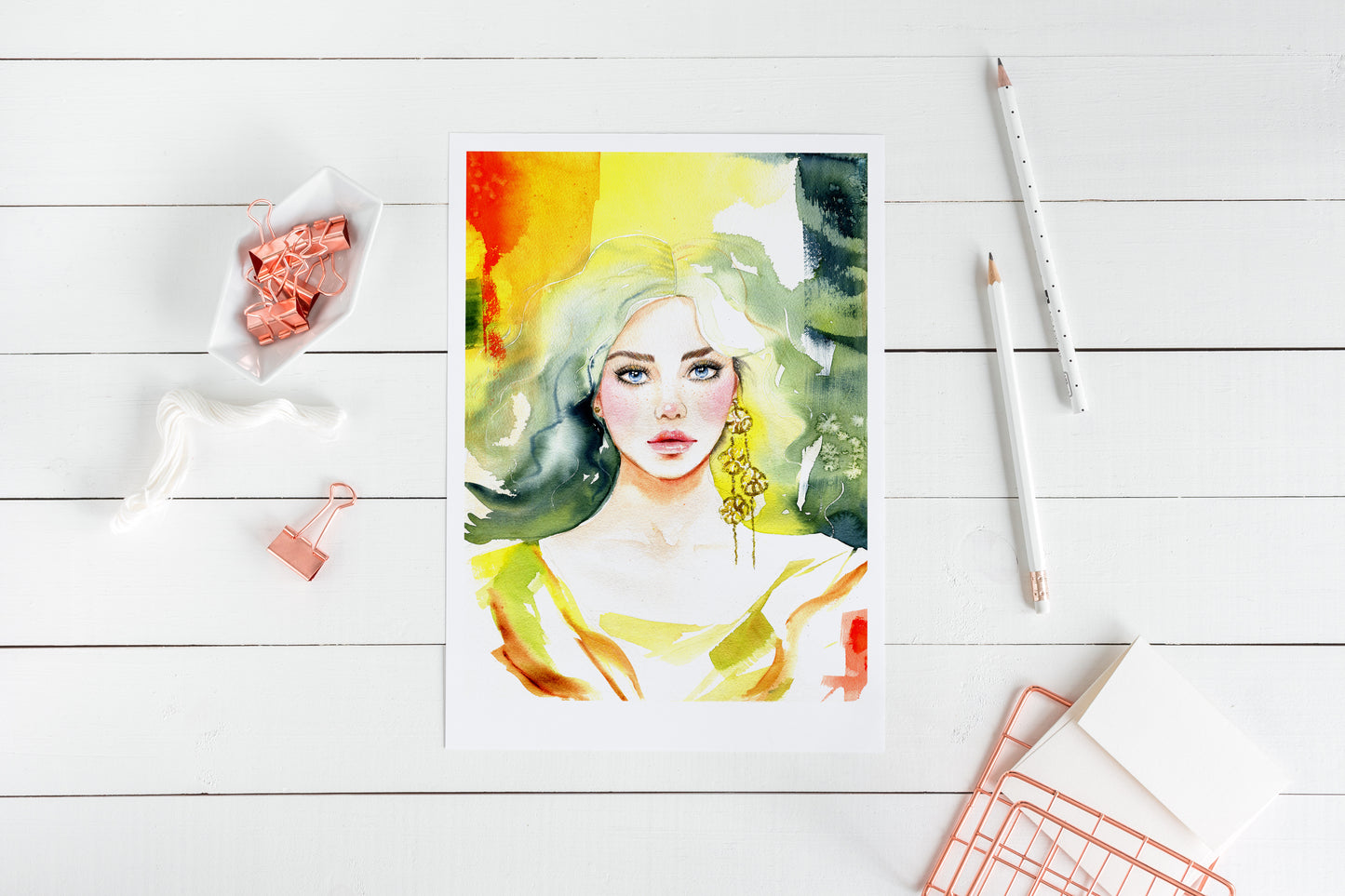 #001a. Poster a4. Yellow-green autumn fashion woman portrait. Modern art print.