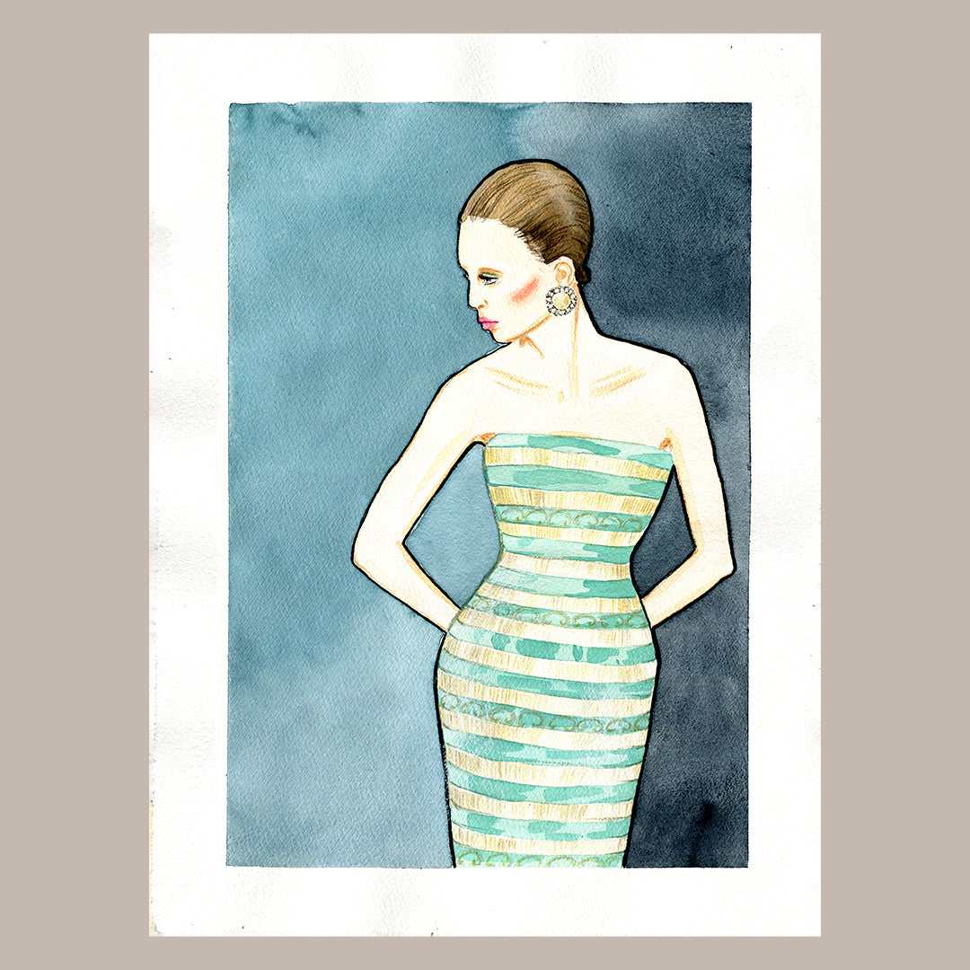 #022 Fashion watercolor poster with portrait of a woman in a striped dress