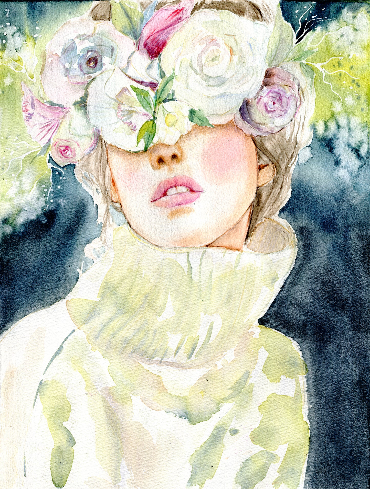 #002 Fashion watercolor poster with woman portrait on dark background and flowers wreath - Spring Girl. Delicate female art.