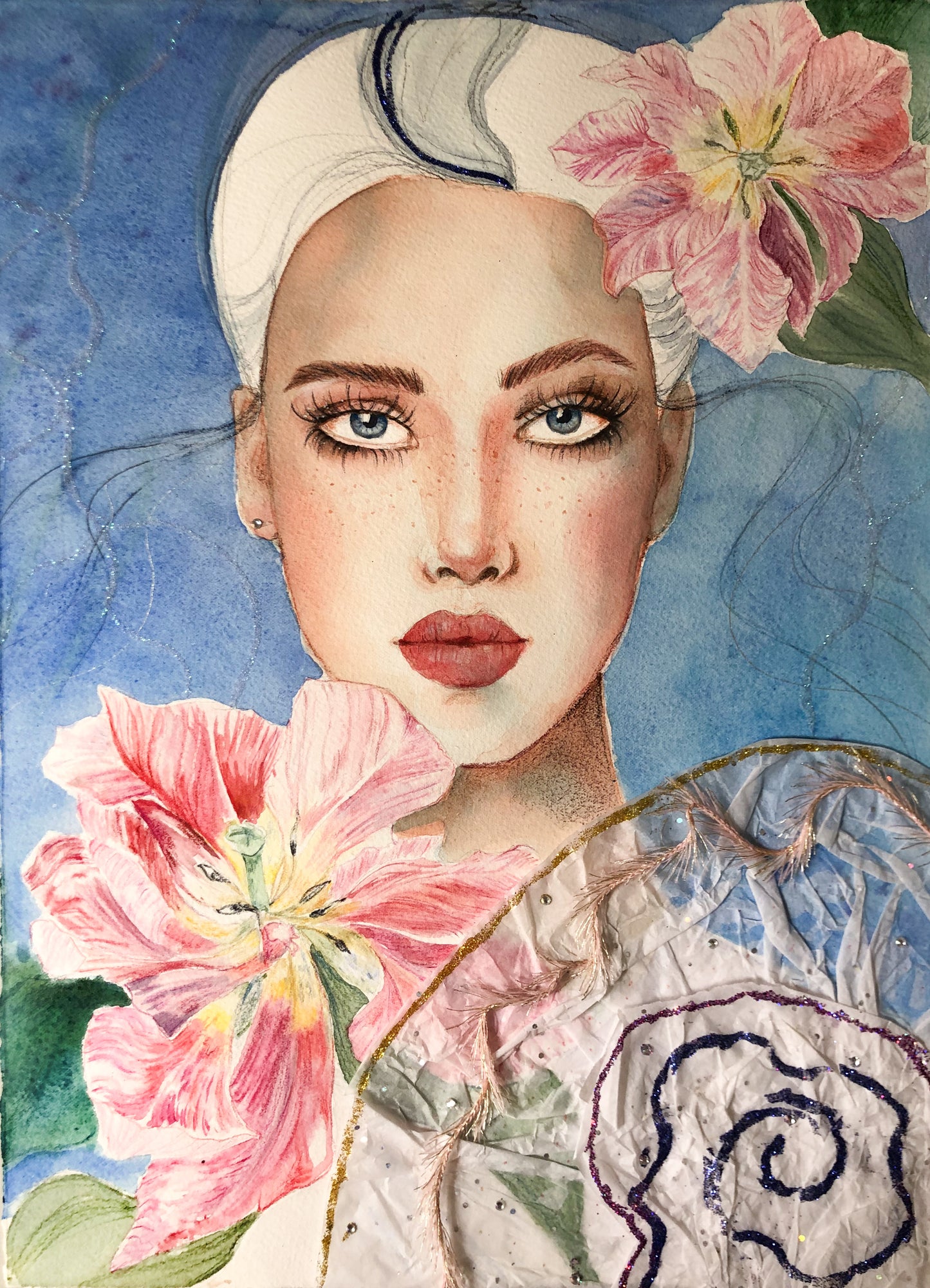 #004 Fashion watercolor poster with beautiful woman portrait on blue background and tulips flowers. The picture also has appliqué and glitter.