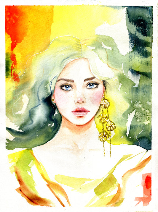 #001 Fashion watercolor poster with woman portrait in yellow and green colors with glitter - Autumn girl. Modern feminine gallery wall art. Stylish home decor.