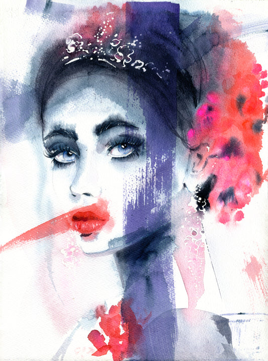 #020 Fashion watercolor poster with abstract portrait of a woman with tiara and flowers.