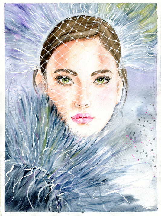 #021 Fashion watercolor poster with woman portrait on blue background and feather with glitter - Winter Girl. Delicate female art.