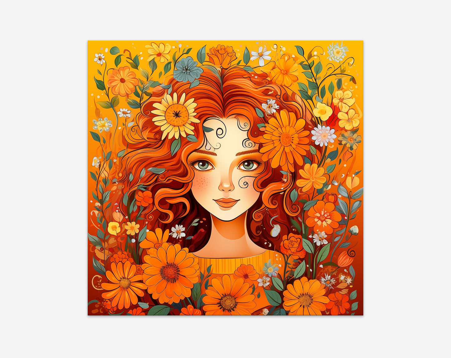 #506 Beautiful girl with red hair and yellow-orange flowers in yellow honey background.