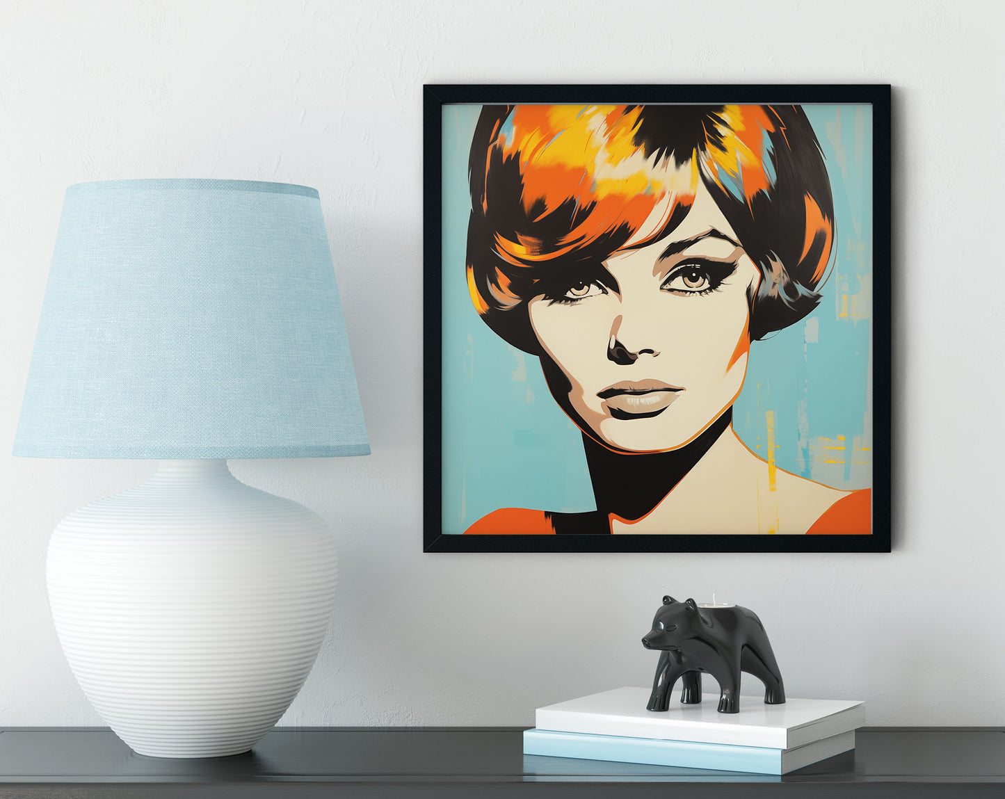 Beautiful face of the woman in retro style. Turquoise, orange and yellow colors.