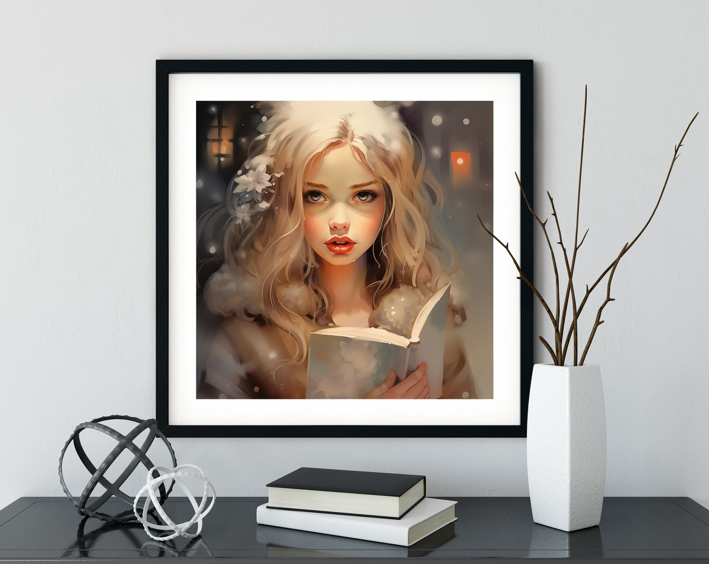 #508 A blonde girl with a flowers in her hair reading a book. Night, fairy-tale atmosphere.