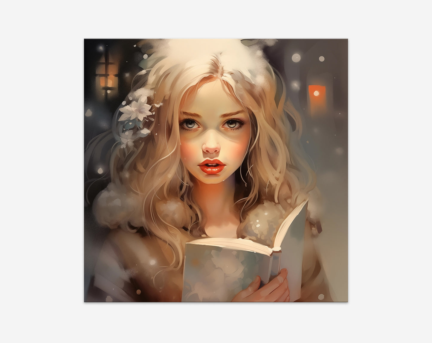 #508 A blonde girl with a flowers in her hair reading a book. Night, fairy-tale atmosphere.