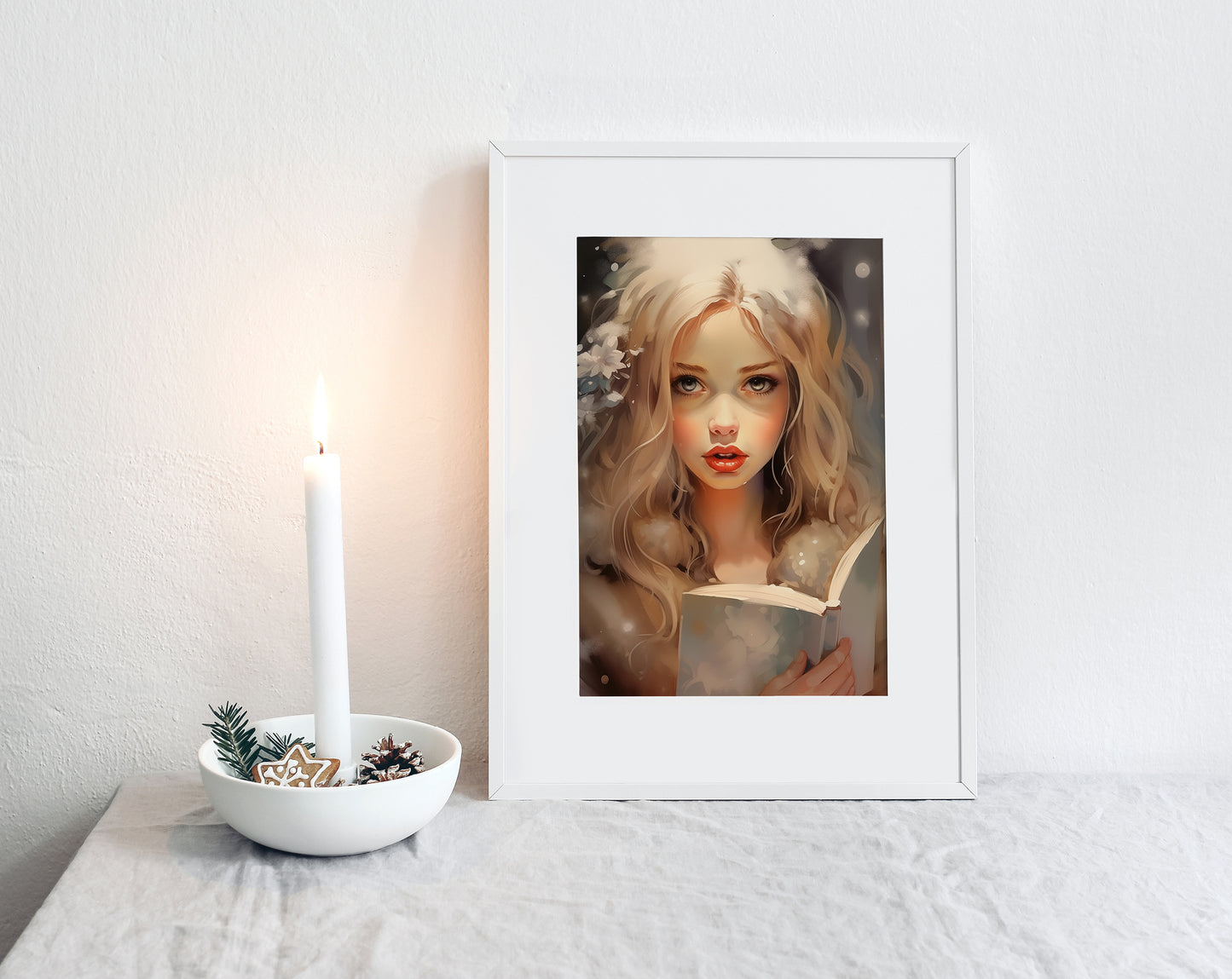 #508 A blonde girl with a flowers in her hair reading a book. Night, fairy-tale atmosphere.