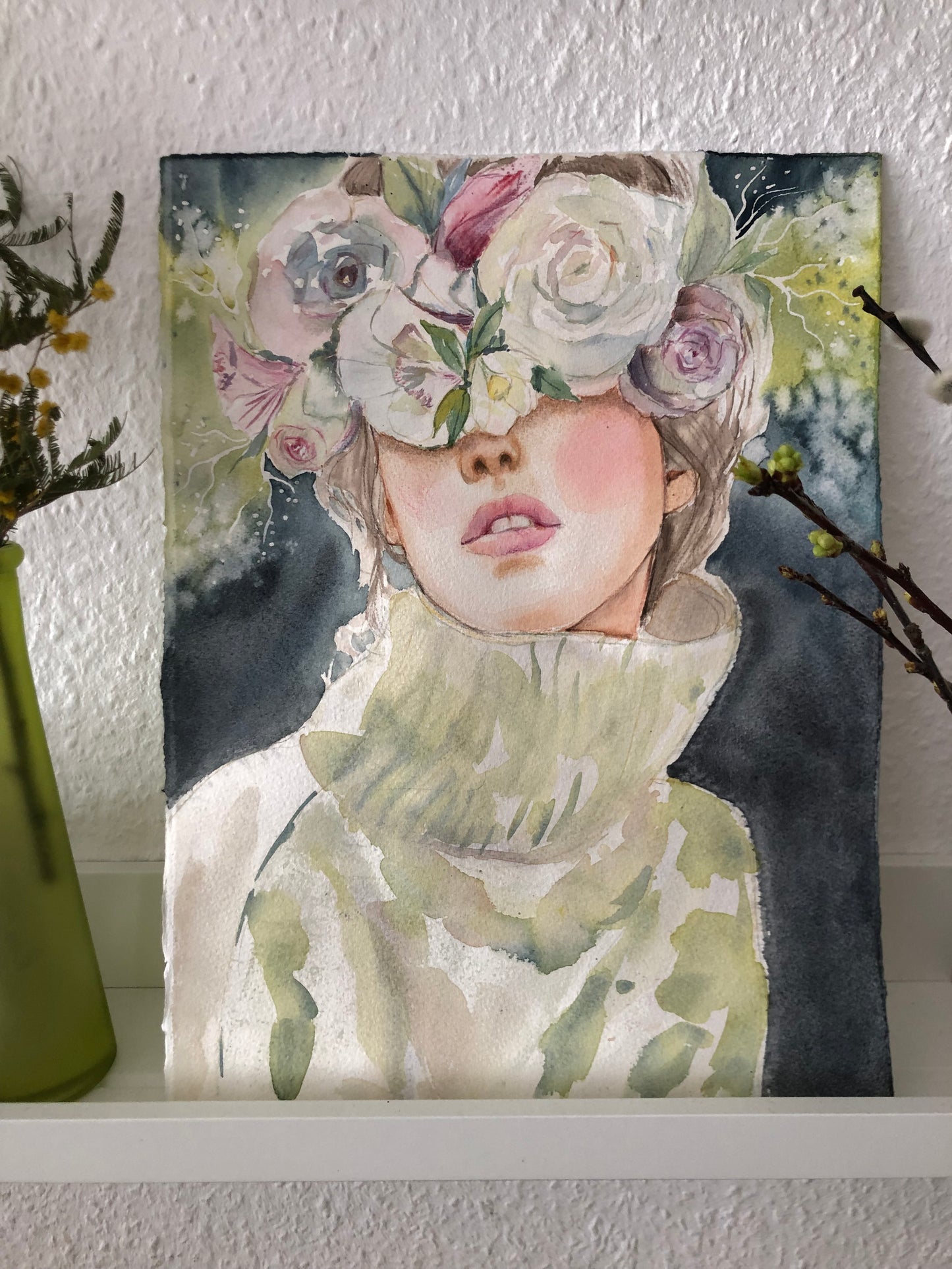 #002 Fashion watercolor poster with woman portrait on dark background and flowers wreath - Spring Girl. Delicate female art.