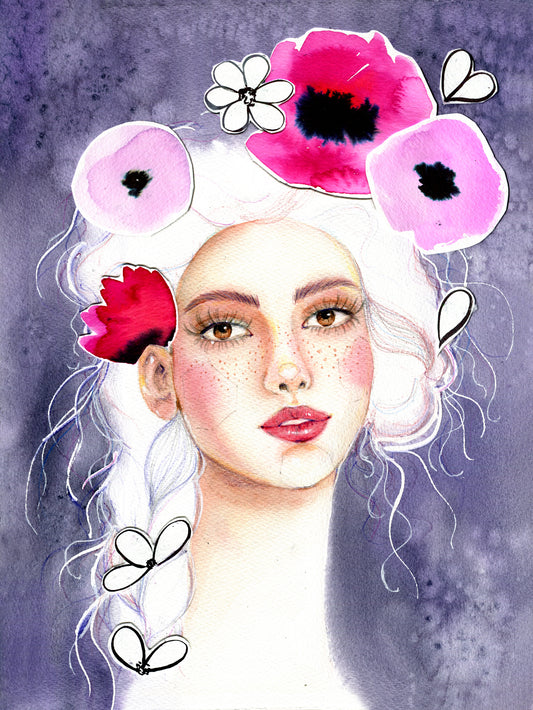 #006 Fashion watercolor poster with Girl portrait on lilac background and poppy flowers application