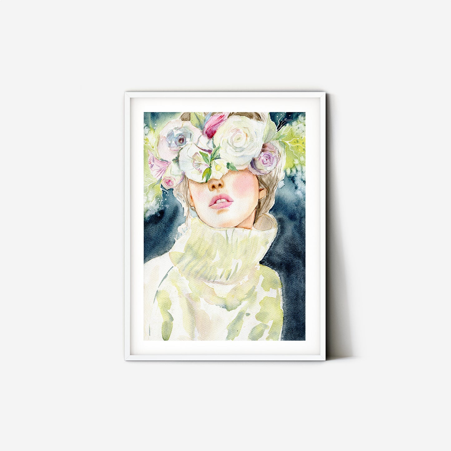 #002 Fashion watercolor poster with woman portrait on dark background and flowers wreath - Spring Girl. Delicate female art.