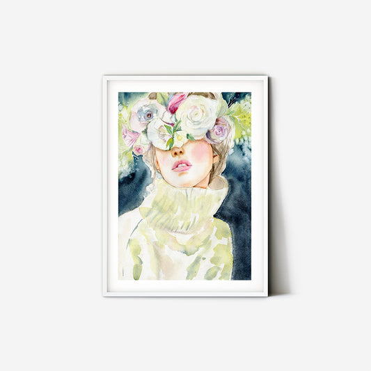 Fashion watercolor poster with woman portrait on dark background and flowers wreath - Spring Girl. Delicate female art.